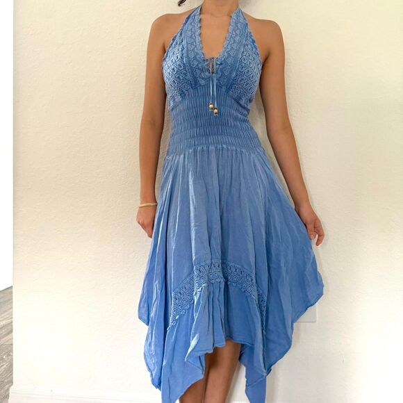 Early 2000s Cotton Collection Peruvian Blue Halter Midi Dress - Picture 1 of 8
